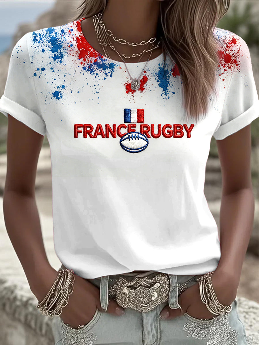 T-shirt décontracté blanc à imprimé graffiti de rugby français pour femme