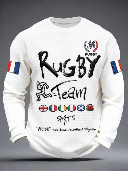 T-shirt manches longues décontracté blanc gaufré imprimé Six Nations de rugby français pour homme