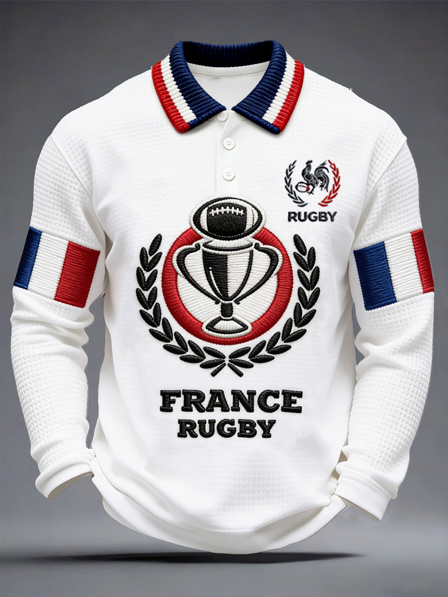 Polo à manches longues décontracté pour homme, imprimé rugby français, tissé gaufré blanc