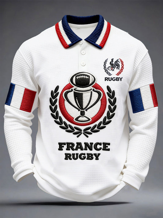 Polo à manches longues décontracté pour homme, imprimé rugby français, tissé gaufré blanc