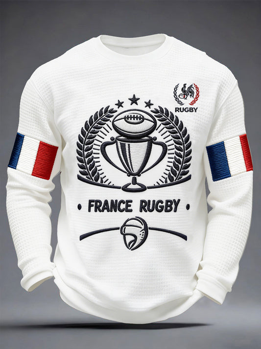 T-shirt blanc à manches longues imprimé rugby français pour homme