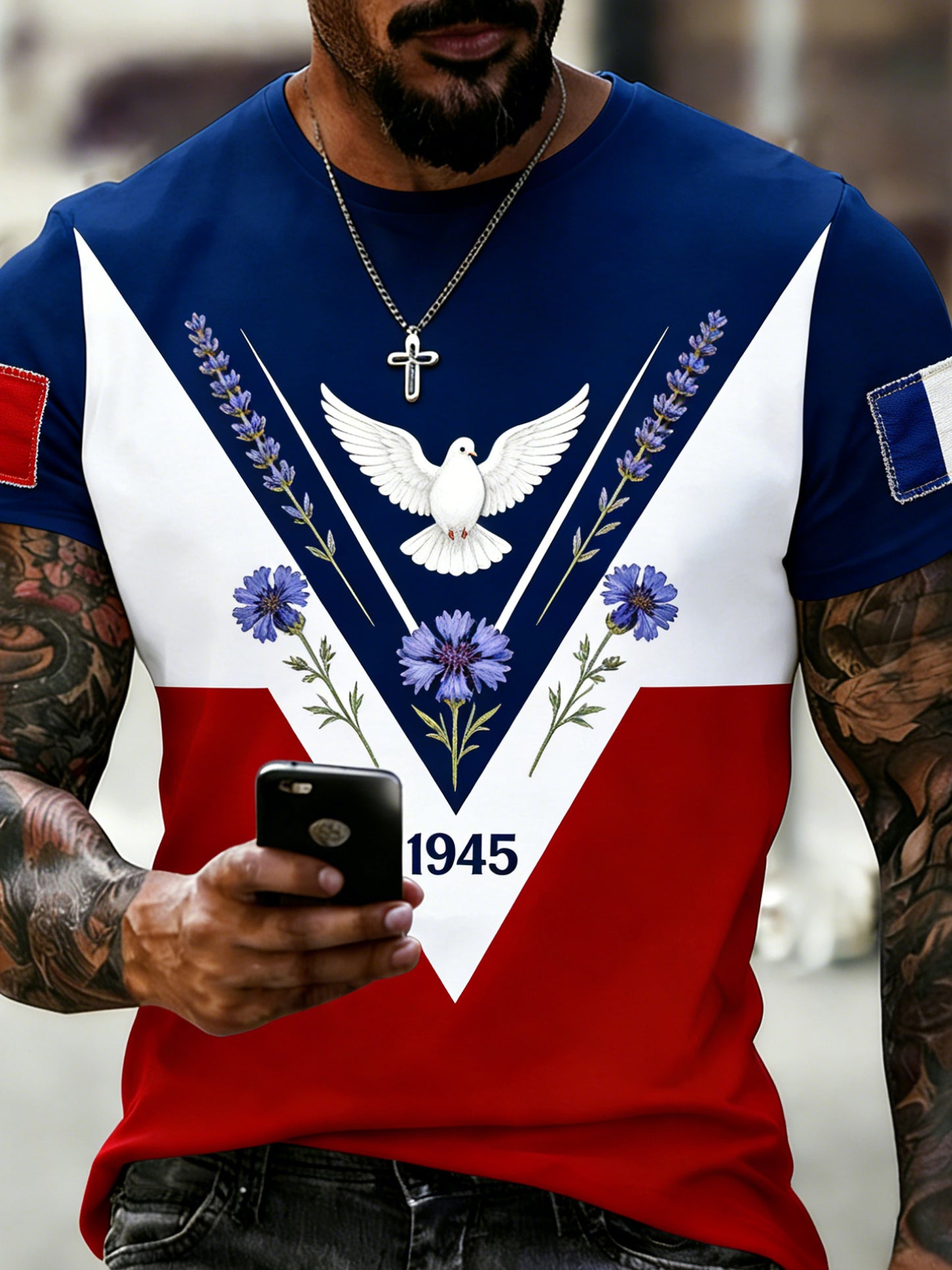 T-shirt imprimé d’art commémoratif de la Journée de la Victoire à la française pour hommes