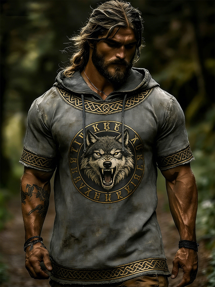 Sweat à capuche manches courtes pour hommes avec imprimé sur le thème des Vikings