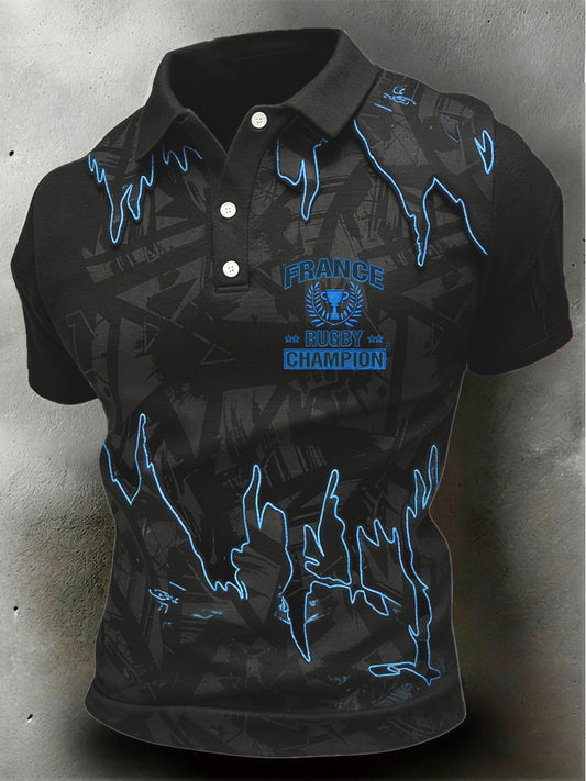 Polo de sport décontracté noir à imprimé rugby français pour homme