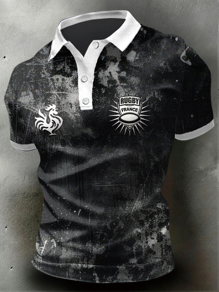 Polo décontracté noir pour homme French Rugby Vintage Print