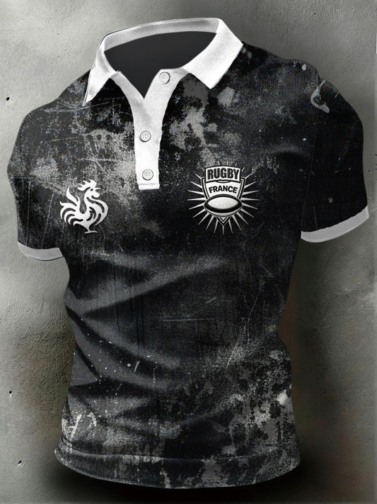 Polo décontracté noir pour homme French Rugby Vintage Print