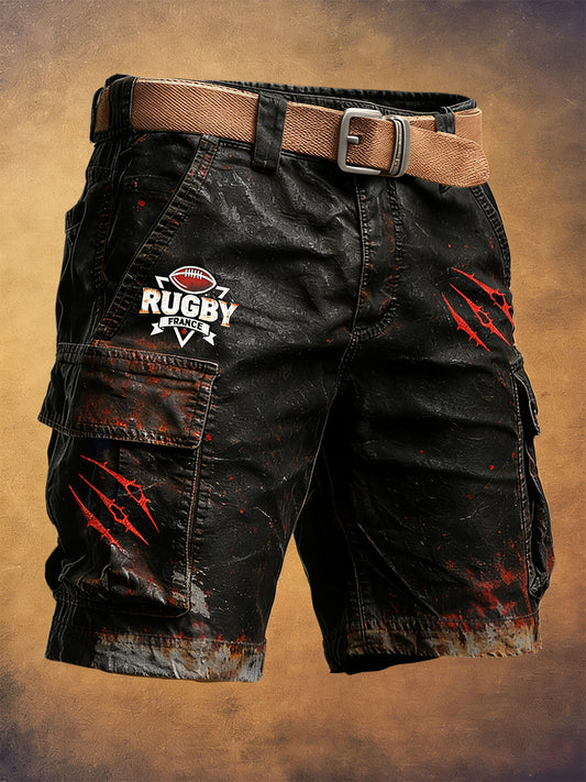 Shorts de travail décontractés pour homme, noirs, imprimé rétro rugby français