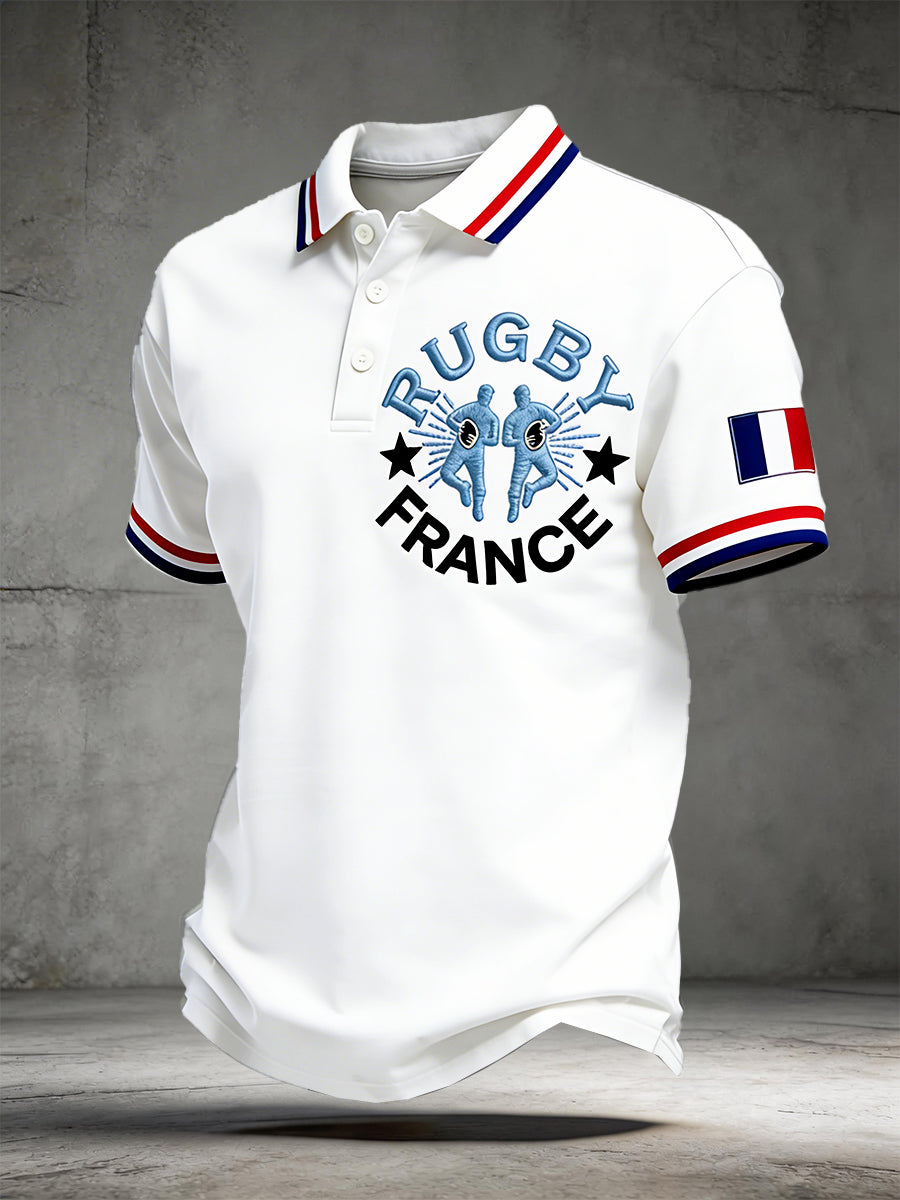 Polo décontracté blanc pour hommes avec imprimé rugby français