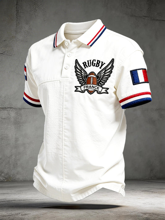 Polo décontracté pour homme, écru, motif patchwork rugby français, imprimé