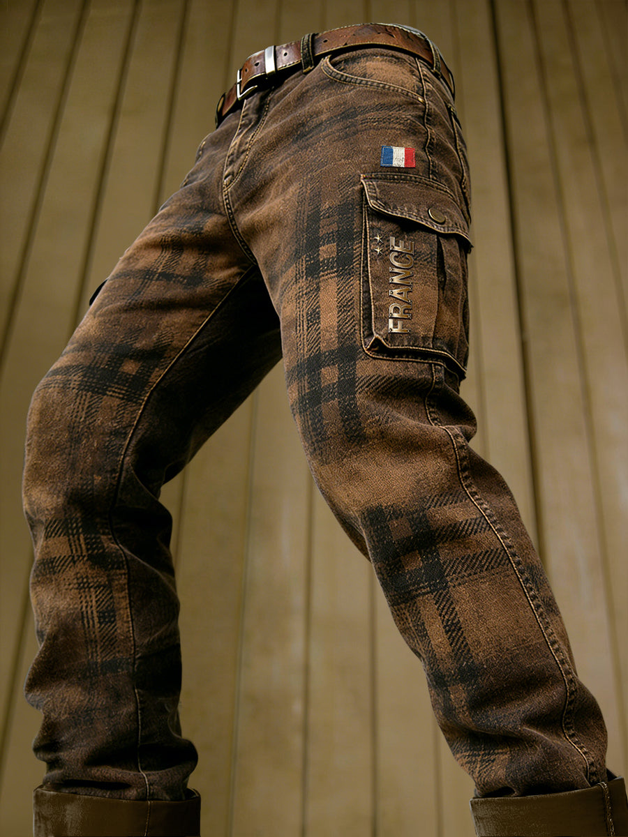Pantalon de travail décontracté pour homme, style western, imprimé à carreaux français vintage