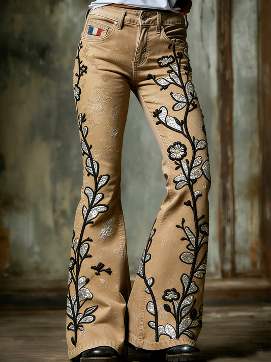 Pantalon évasé à la mode pour femme, couleur kaki, style vintage français, imprimé floral 3D