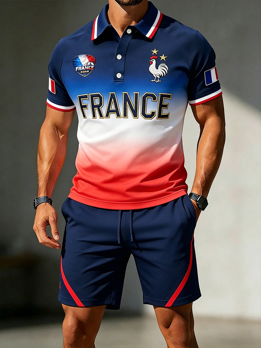 Ensemble polo à manches courtes et short à imprimé blocs de couleur sur le thème du football pour hommes