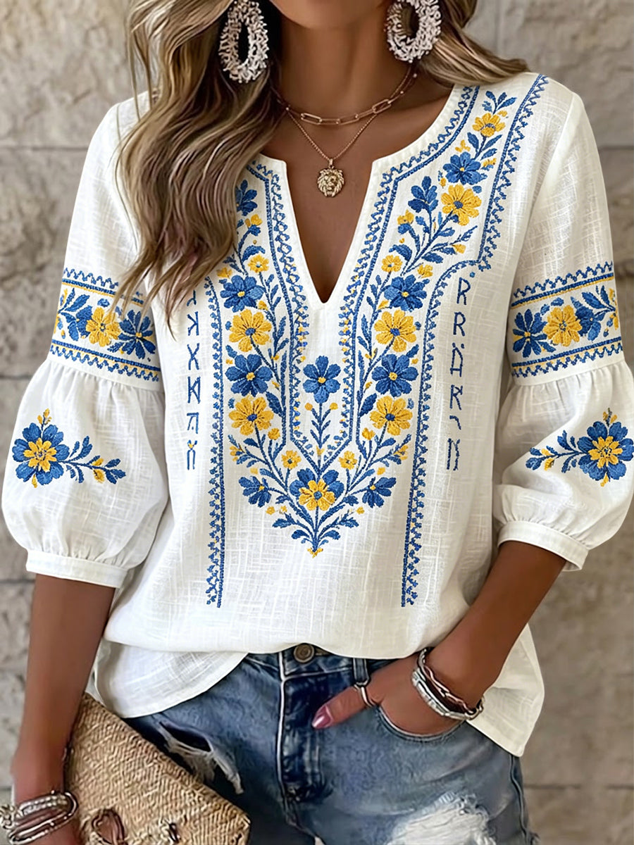 Top rétro artistique suédois pour femmes, motif floral de la Saint-Jean, col en V