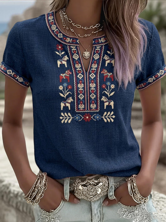 T-shirt décontracté rétro suédois pour femmes, motif floral de la Saint-Jean, patchwork