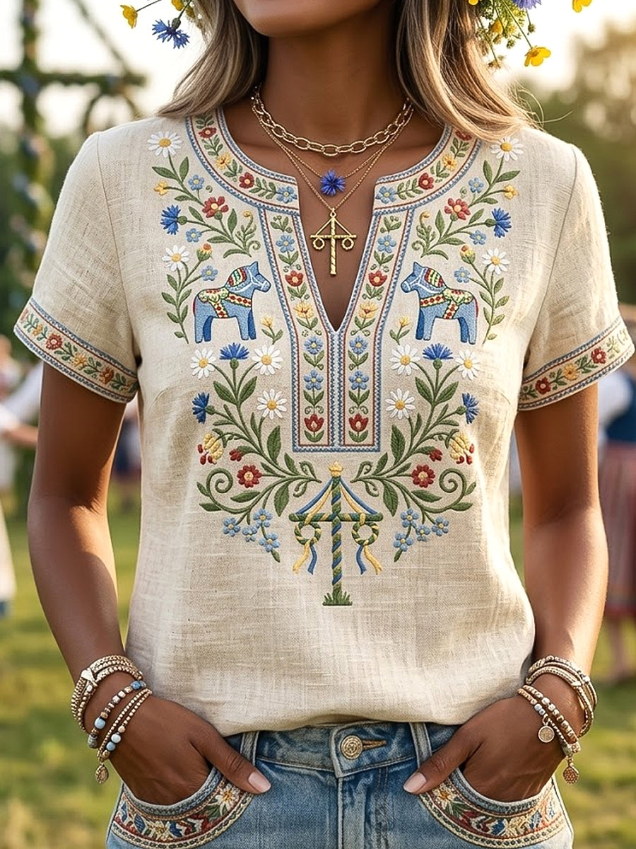 T-shirt décontracté pour femme, style rétro suédois, motif floral de la Saint-Jean, col en V