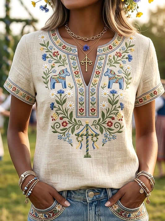 T-shirt décontracté pour femme, style rétro suédois, motif floral de la Saint-Jean, col en V