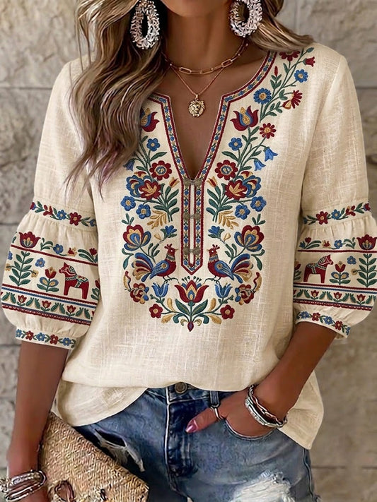 Chemise rétro suédoise de la Saint-Jean pour femmes, en coton-lin, à motifs floraux