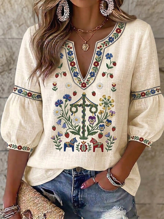 T-shirt décontracté pour femme, style suédois de la Saint-Jean, motif floral artistique, col en V