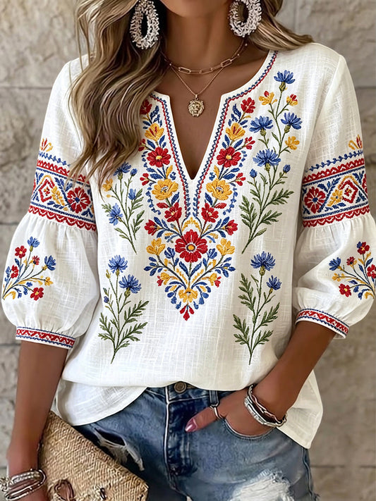 Top rétro suédois pour femmes, motif floral de la Saint-Jean, col en V