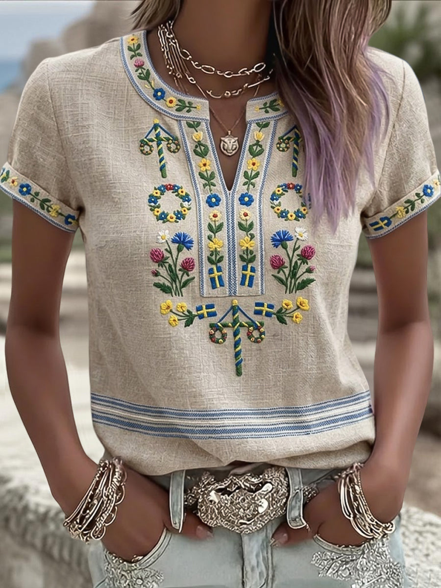 Retro Art Swedish Midsummer Floral V-Neck T-Shirt Femme