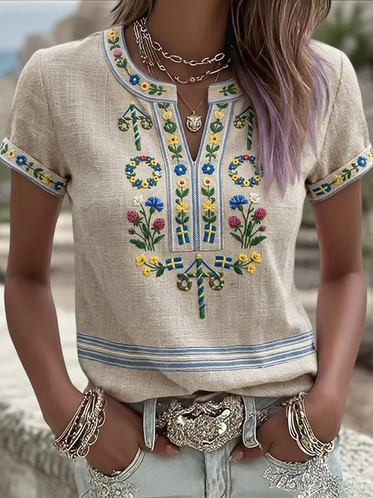 Retro Art Swedish Midsummer Floral V-Neck T-Shirt Femme