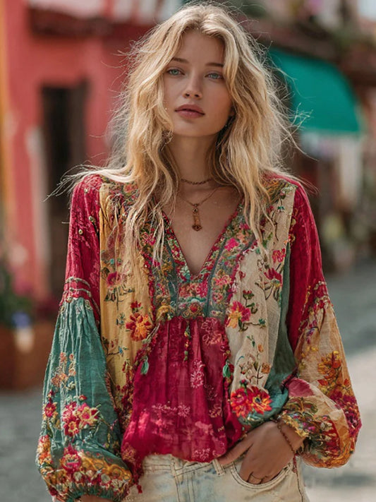 Chemise bohème pour femme en mélange de lin, à col en V, avec broderie florale et blocs de couleurs