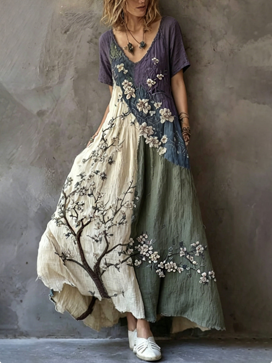 Robe rétro japonaise Sakura artistique en lin à manches courtes pour femme