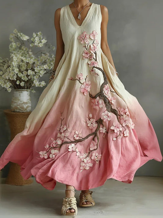 Robe longue en lin à col V pour femme, style vintage, motif brodé de fleurs de cerisier