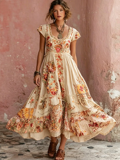 Robe mi-longue bohème pour femme, à col rond, manches courtes, avec broderie florale artistique