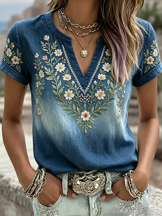 T-shirt rétro suédois pour femmes, motif floral du solstice d’été en dégradé, col en V