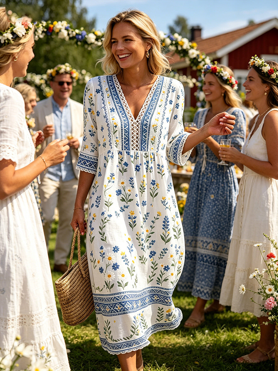 Robe Femme Style Été Col V Avec Imprimé Ethnique