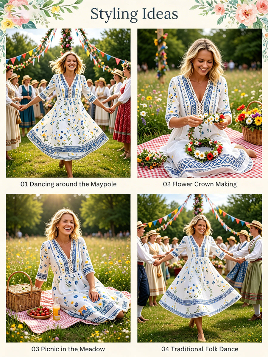 Robe Femme Style Été Col V Avec Imprimé Ethnique