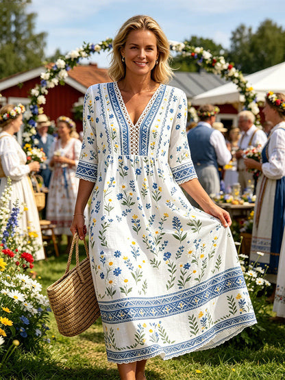 Robe Femme Style Été Col V Avec Imprimé Ethnique