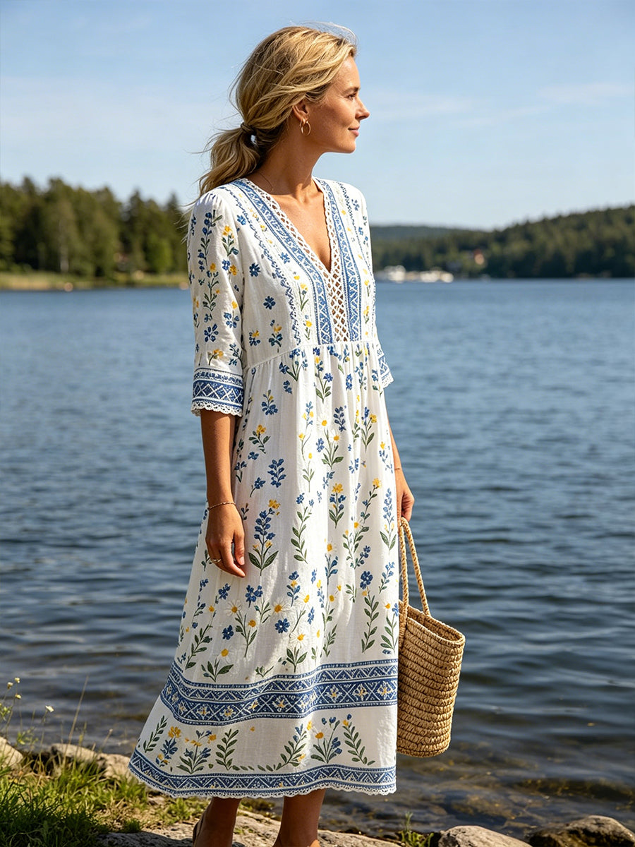 Robe Femme Style Été Col V Avec Imprimé Ethnique