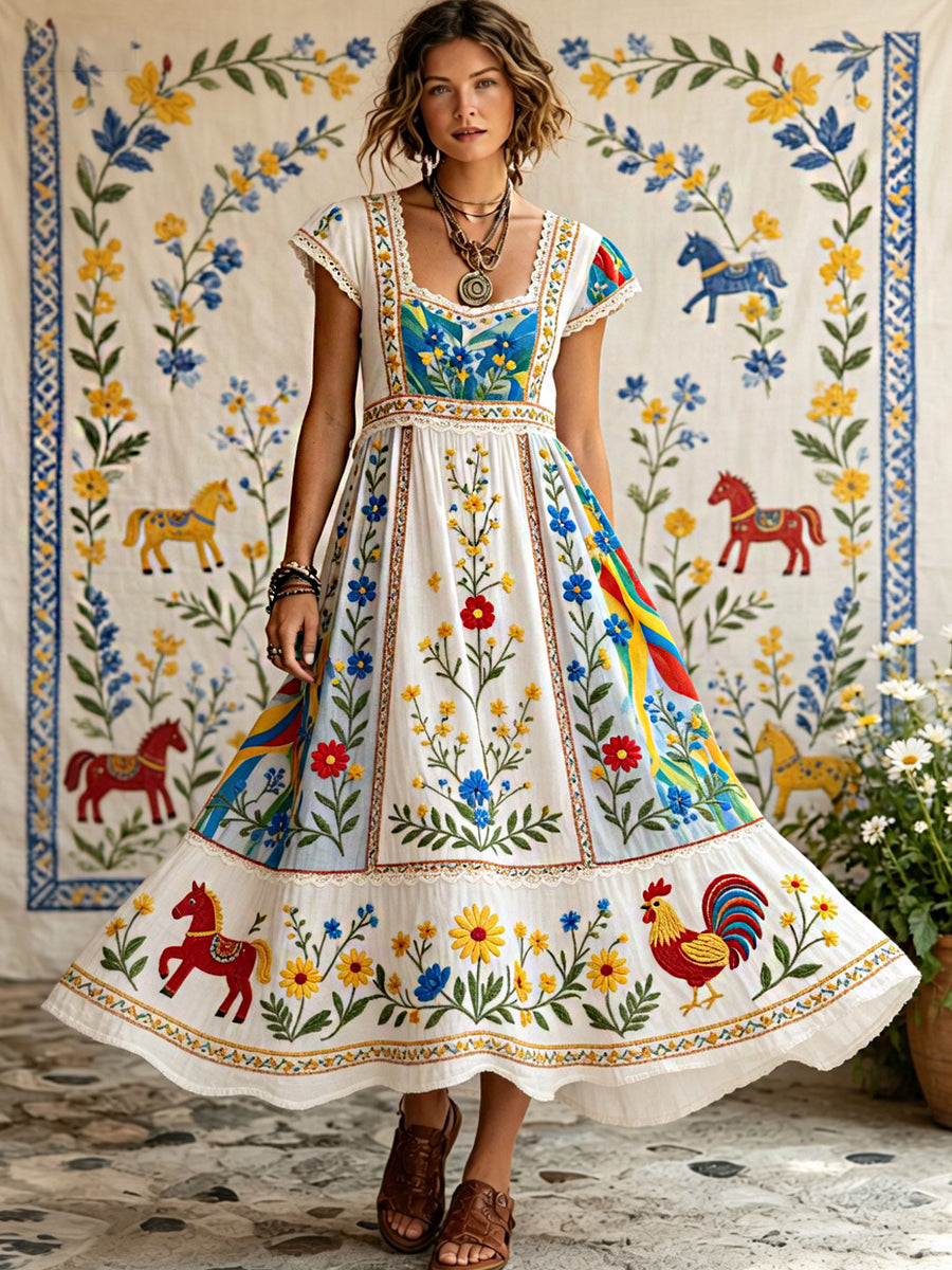 Femmes Vintage Midsummer Floral Art Print Casual Coton-Lin Robe