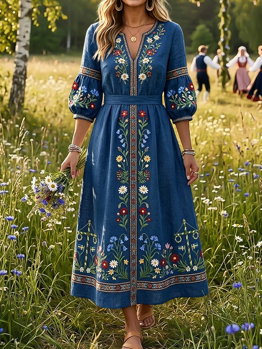 Robe rétro suédoise pour la fête de la Saint-Jean à motifs floraux, col en V, style rétro pour femme