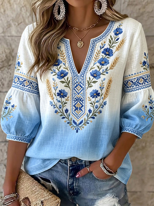 Top rétro-artistique suédois pour femmes, motif floral de la Saint-Jean, dégradé, col en V