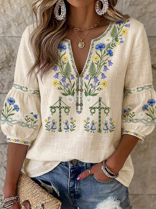 Chemise vintage suédoise pour femmes en coton-lin, à imprimé floral, pour la Saint-Jean