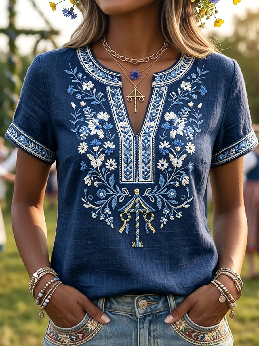 T-shirt rétro suédois pour femmes, motif floral de la Saint-Jean, col en V