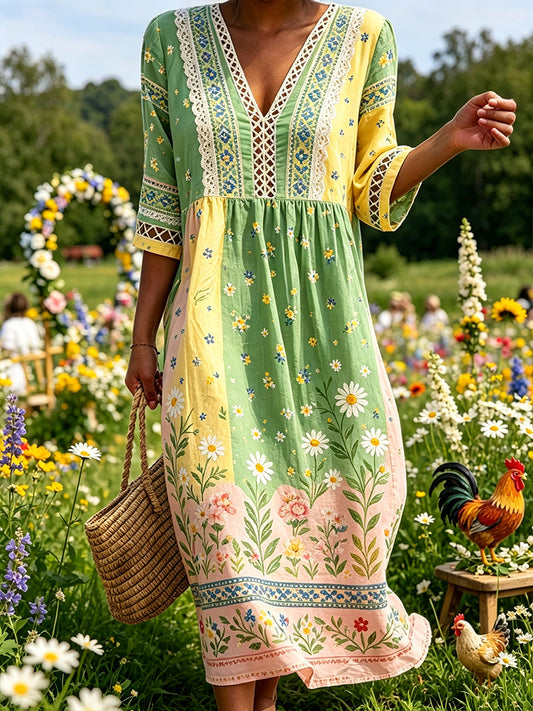 Robe à col en V style Midi-été pour femmes avec imprimé ethnique