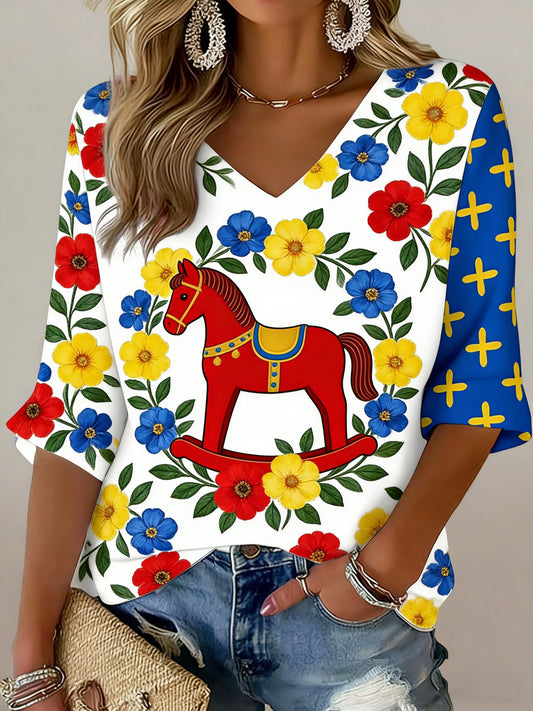 T-shirt à col en V pour femmes, motif cheval de Dala, commémorant la fête suédoise de la Saint-Jean
