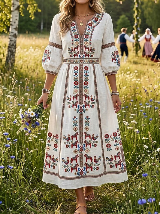 Robe rétro suédoise de la Saint-Jean pour femmes, à fleurs, col en V