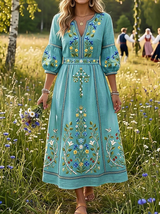 Robe vintage suédoise pour femmes, couronne de fleurs du solstice d’été, col en V