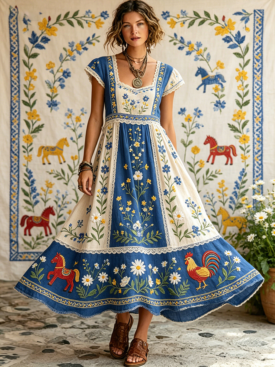 Robe champêtre pour femme, style Midi-été, imprimé floral