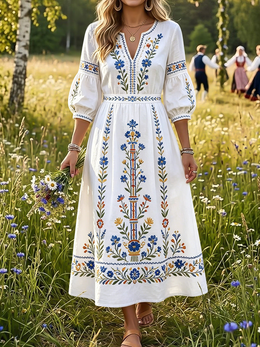 Robe rétro suédoise de la Saint-Jean pour femmes, à motif floral, col en V