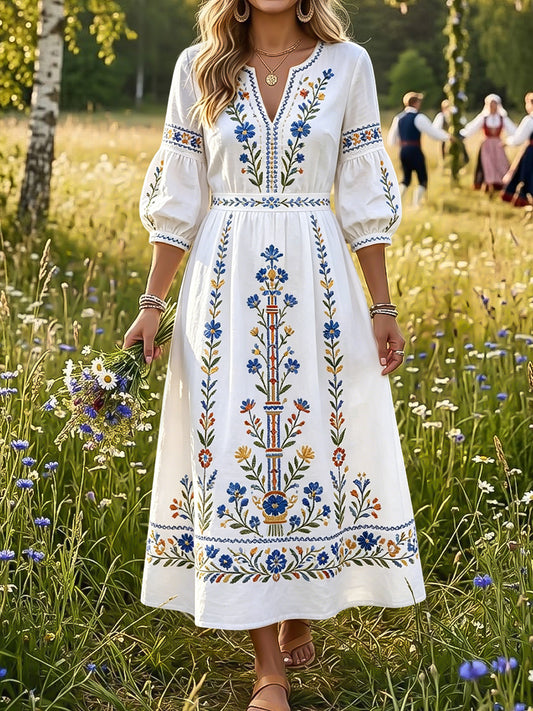 Robe rétro suédoise de la Saint-Jean pour femmes, à motif floral, col en V