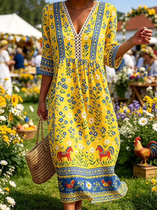 Robe à col en V style Midi-été pour femmes avec imprimé ethnique