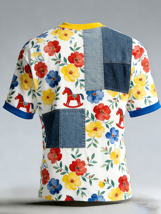 T-shirt à col en V pour hommes, motif football et cheval de Dala, commémorant la fête de la Saint-Jean en Suède
