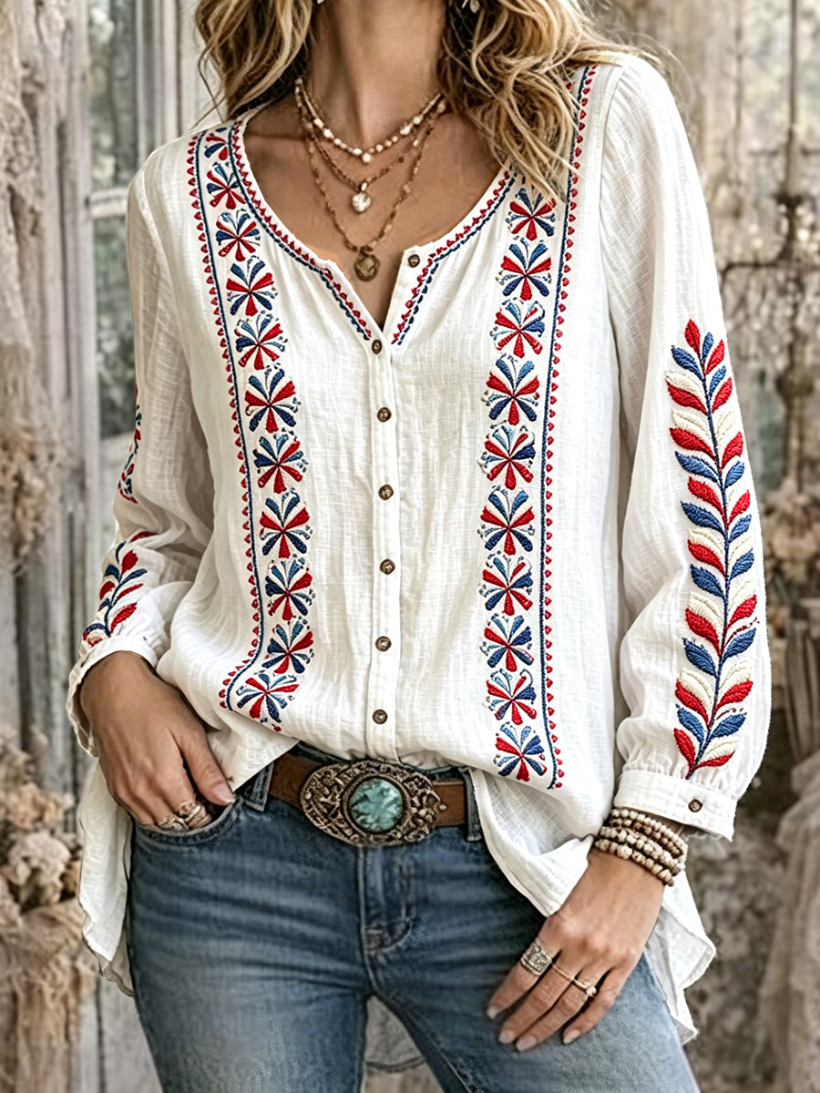 Chemise décontractée pour femme, blanche, style français, imprimé floral, en coton-lin, à manches longues