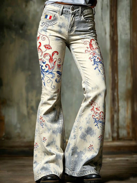 Pantalon évasé décontracté à la mode pour femme, style vintage français, motif traditionnel enroulé imprimé